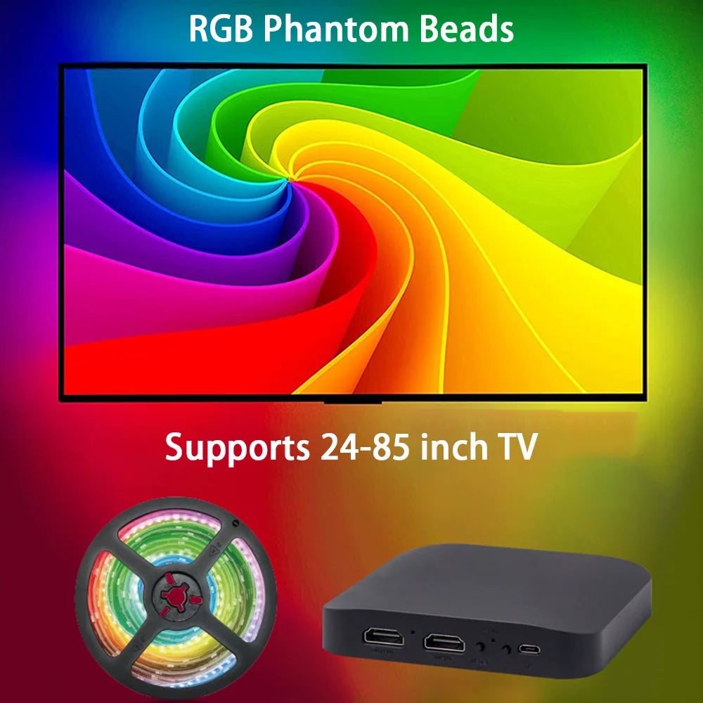 Smart Ambient LED Backlight Kit for 24-65 Inch TVs with 4K HDMI Sync Box and WS2812B 5050 RGBIC Strip Lights for PC, PS4, and Xbox